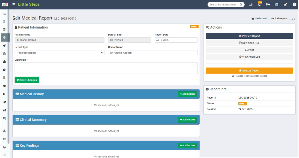 واجهة إنشاء التقرير الطبي وتحريره