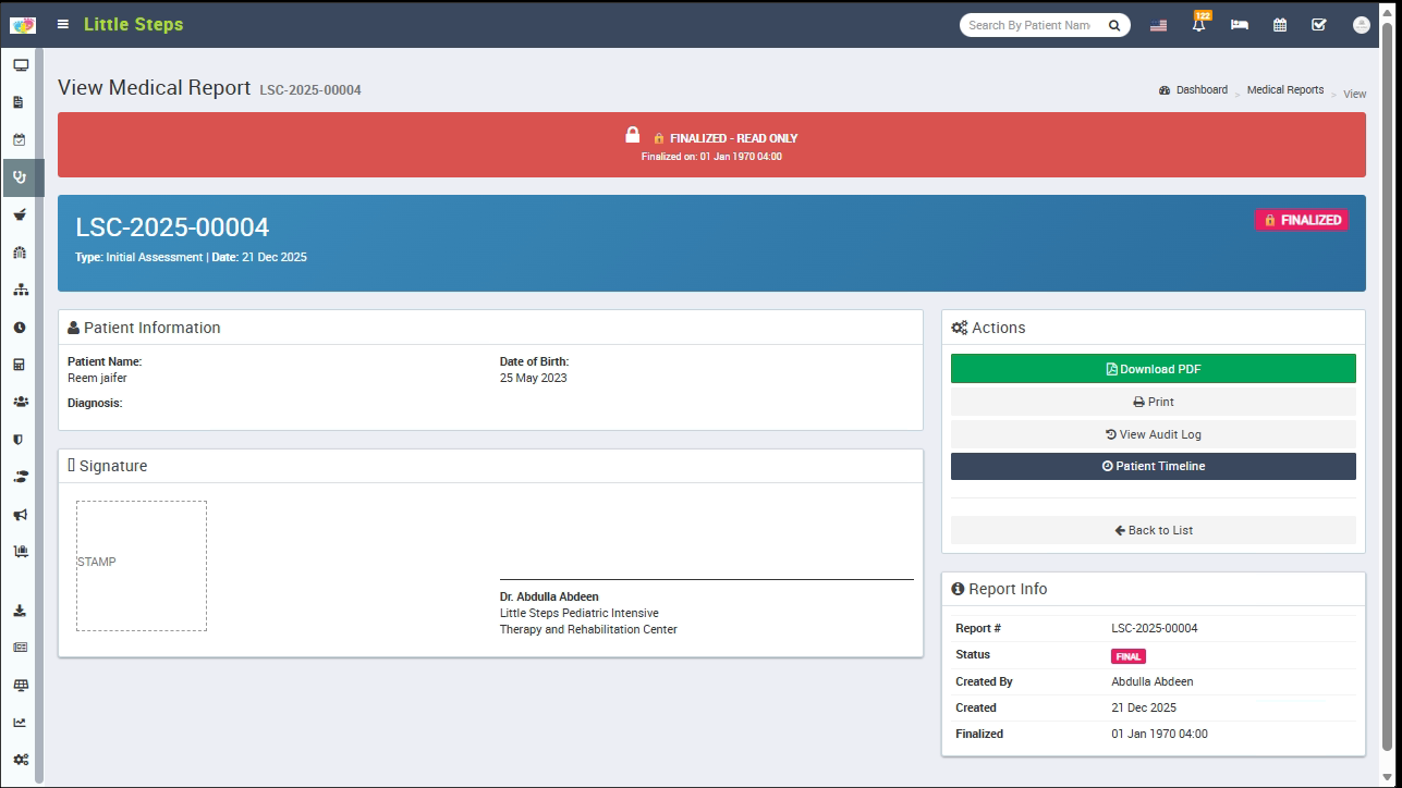عرض التقرير الطبي النهائي وتحميل PDF والطباعة